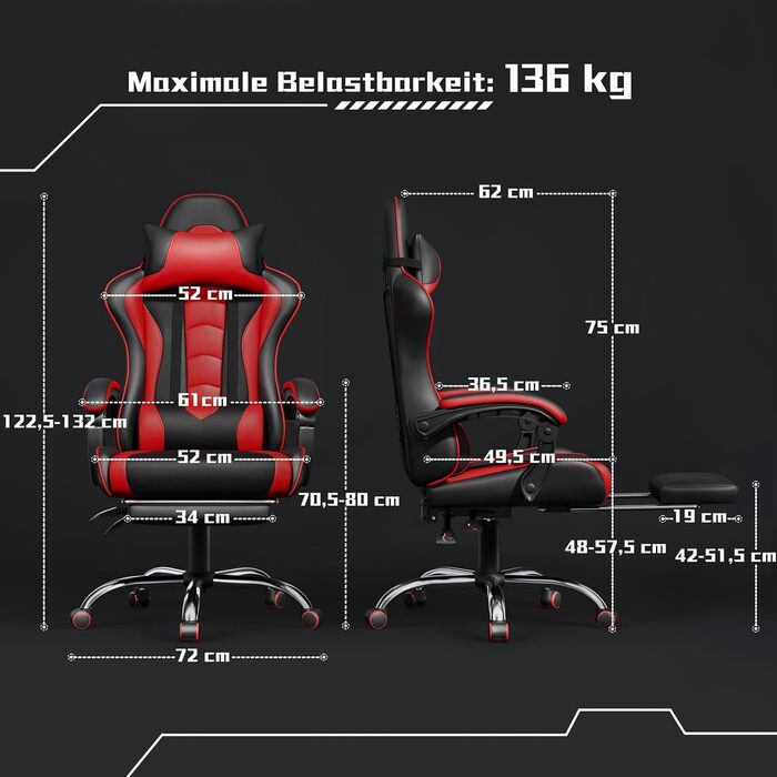 Ігровий крісло Yaheetech з масажем, регульована спинка 90-135°, комп'ютерне крісло з підніжкою, білий/червоний