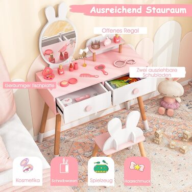 Дитячий туалетний столик COSTWAY з дизайном зайчика, 2-в-1 зі дзеркалом, 2 шухляди та полиця, туалетний столик для дівчаток з масивними дерев'яними ніжками (білий)