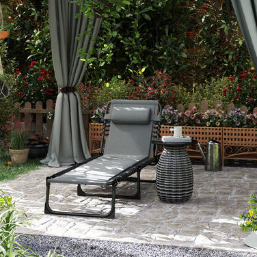 Складний садовий шезлонг Outsunny Sun Lounger з бічною сумкою-подушкою, м'який шезлонг з регульованою спинкою в 5 напрямках, стійкий до погодних умов шезлонг з навантаженням до 120 кг, для садового пляжу темно-сірий | Аосом