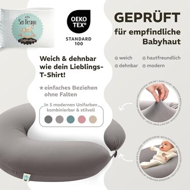 Подушка для годування та вагітності sei Design XXL (190x35 см), ергономічна подушка для сну з чохлом з органічної бавовни муслін, сріблясто-сіра