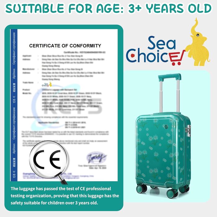Набір дитячих валіз Sea choice легкий, тверда оболонка, 4 колеса, TSA, 53x34x21см, Daisy Blue
