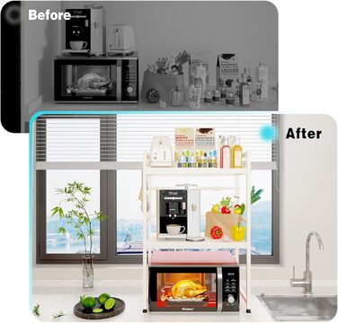 Регульована полиця для мікрохвильової печі, розширювана стійка-організатор для кухні, міцна з вуглецевої сталі, з 8 гачками (3-рівні, білий)