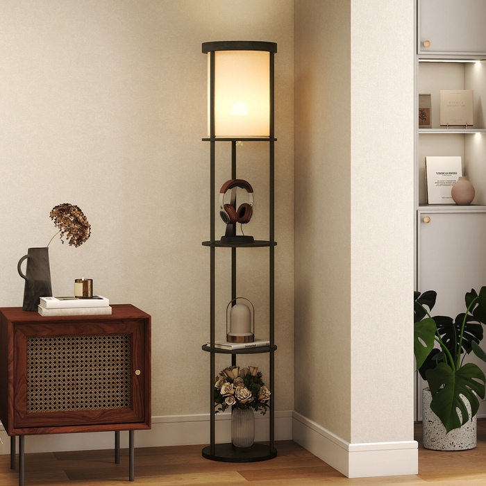 Стійка лампа HOMCOM з 3 полицями, кругла форма, пульт дистанційного керування, вимикач на підставці, регульована колірна температура світла, для вітальні, чорного кольору
