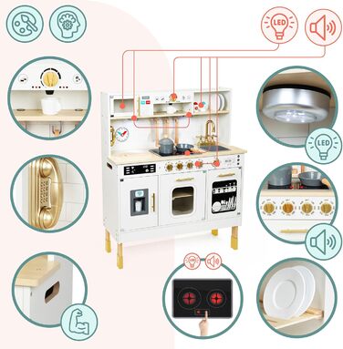 Дерев'яна дитяча кухня Mamabrum з LED-підсвічуванням - ігровий набір кухонь з регульованою висотою, з приготуванням кубиків льоду, мікрохвильовою піччю, плитою та посудомийною машиною. Іграшка для дітей від 3 років
