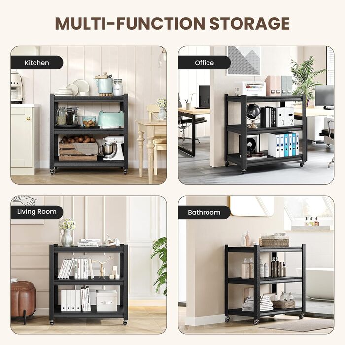 Металевий стелаж для кухні 80x86x45 см на коліщатках, чорний. Підходить для мікрохвильовки, інструментів, ванної кімнати та підвалу.