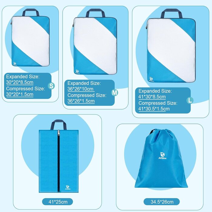 Набір компресійних органайзерів для одягу в подорожі AiQInu, 5 шт. (з мішком для прання та взуття), ультралегкі розширювані пакувальні куби для валізи та ручної поклажі, небесно-блакитний