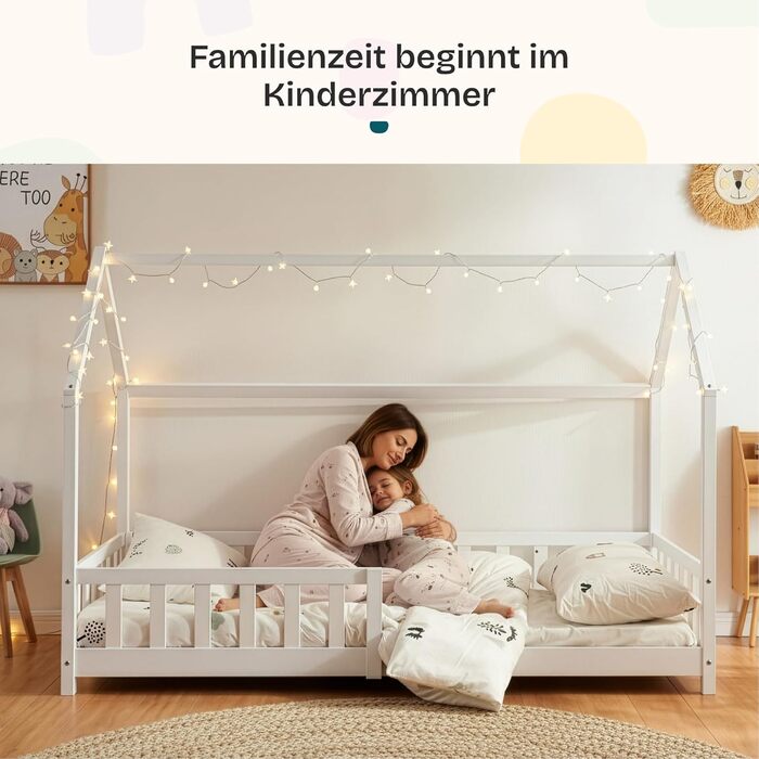 Ліжко дитяче Hesel Hausbett біле 90x200 см з бортиками та ламелями. Монтессорі ліжко-платформа для підлітків. Дерев'яне ліжко від en.casa