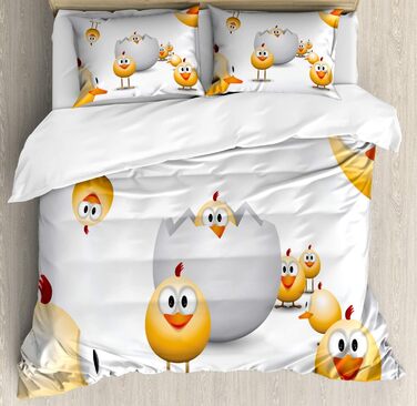 Великодній набір підковдр для односпальних ліжок, курча смішна карикатура, захист від кліща Алергік підходить з наволочкою, (200 x 200 см - 70 x 50 см, помаранчево-жовтий, білий)