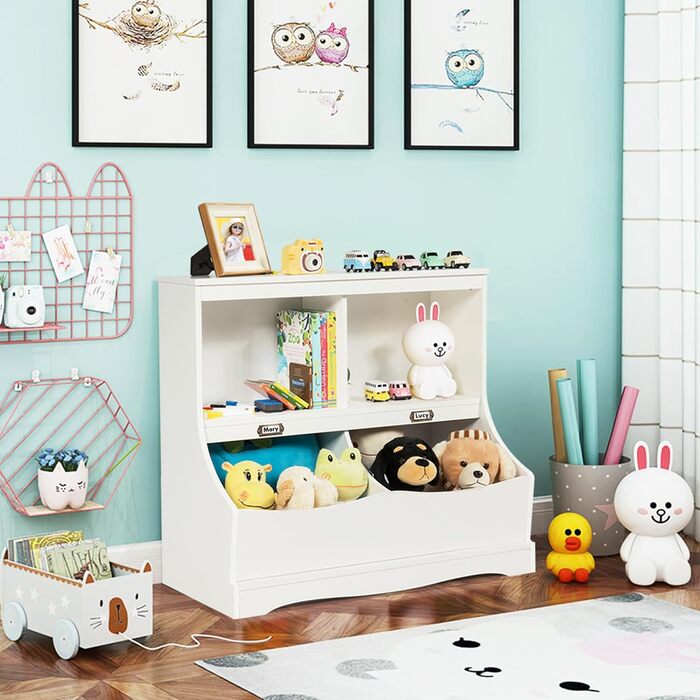 Дитяча полиця з 2 відділеннями та 2 ящиками для зберігання, дерев'яна полиця для іграшок, стелаж для іграшок та книг, книжкова шафа, 67 x 40 x 62 см (білий)