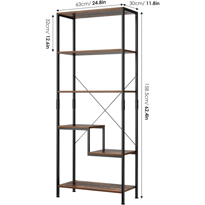 Книжкова шафа з 5 полицями Промисловий дизайн Стояча полиця з дерева та металу для вітальні, офісу, офісу, кухні, домашнього офісу, ванної кімнати 158,5 x 63 x 30 см, чорно-коричнева