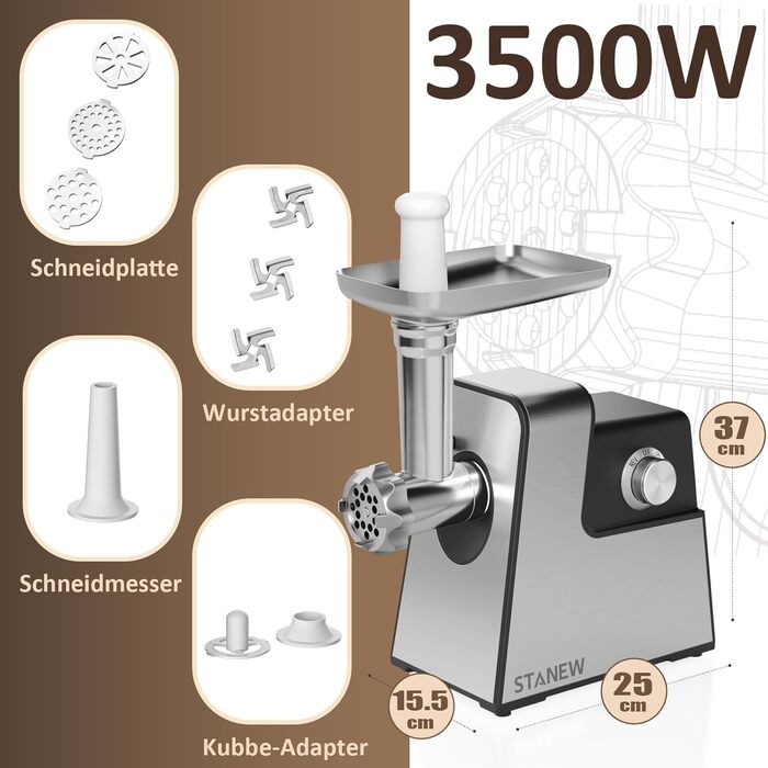 Електричний м'ясорубка STANEW Fleischwolf 3 в 1: м'ясорубка, машина для куббе та ковбас, нержавіюча сталь, 3,5 кг/хв, 3500 Вт