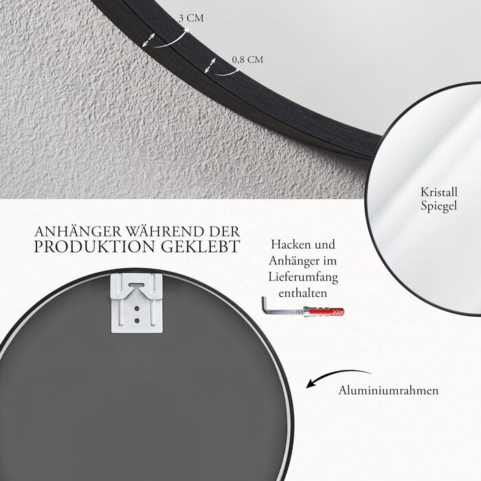 Круглий настінний дзеркало GOLD&CHROME UNIQUE DESIGN чорного кольору - 50 x 50 см, для ванної кімнати та макіяжу, з алюмінію, декоративне, велике, 2 роки гарантії