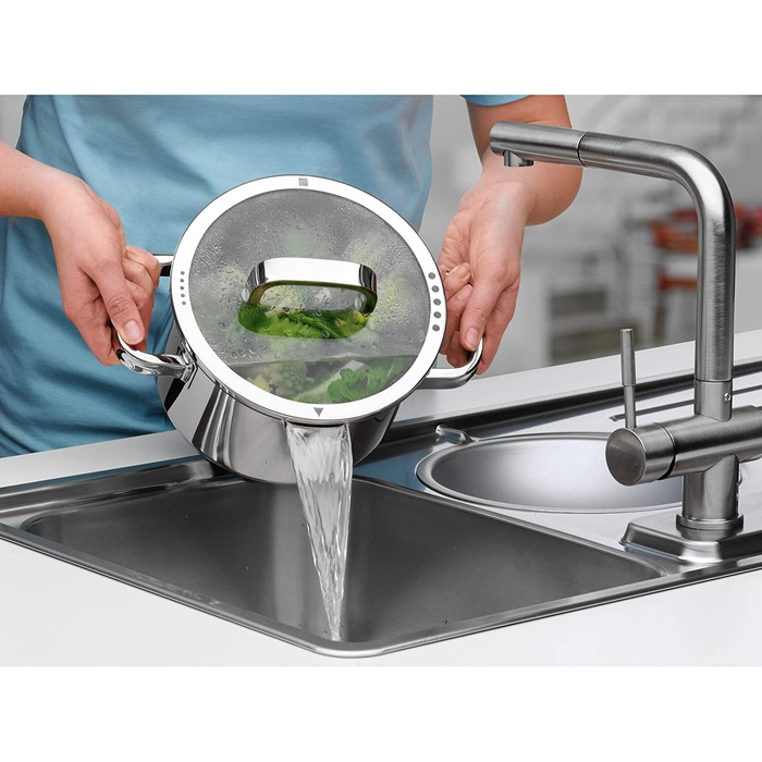 Каструля WMF Function з нержавіючої сталі 16 см, 1.4 л, для індукції, з нержавіючої сталі Cromargan, 4 функції зливу, внутрішня шкала, червона