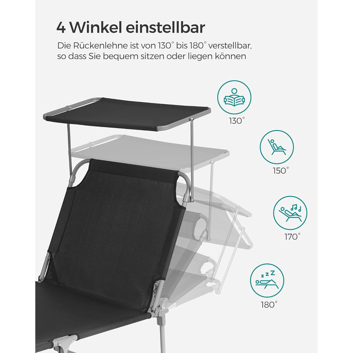 Лежак для відпочинку SONGMICS, розкладний, 193 x 53 x 29 см, до 150 кг, захист від сонця, подушка, регульована спинка, для саду, басейну, тераси (Чорний)