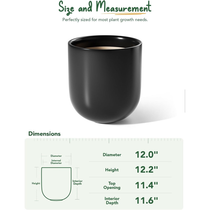 Керамічний горщик для квітів LE TAUCI, 30 см, чорний, з дренажним отвором