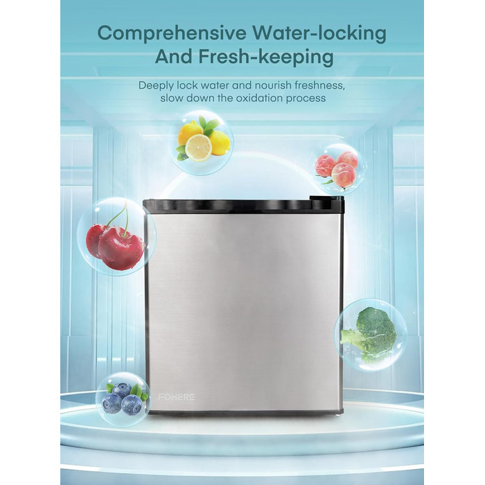 Міні-холодильник E 46L з морозильною камерою, низький рівень шуму 42 дБ, регулювання температури, колір нержавіюча сталь — для офісу, кухні та спальні