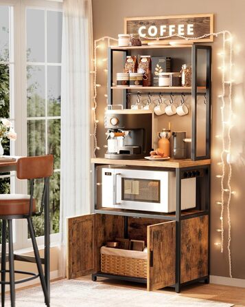 Поличка кухонна VASAGLE з розетками, шафка, стільниця 90 см, напольна полиця з 8 гачками, 40 x 60 x 170 см, вінтажний коричневий + чорний, KKS058K02