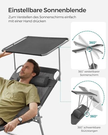 Лежак для відпочинку SONGMICS - великий, складаний, з сонцезахисною козирком та регульованою спинкою, 200 x 71 x 38 см, вантажопідйомність 150 кг, для саду, басейну, тераси, темно-сірий