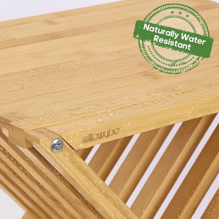 Складаний табурет для сауни та душу WILLOWYBE – водонепроникна бамбукова лавка, багатофункціональний стілець для ванної кімнати та парної, натуральний колір