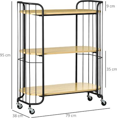 Візок для кухонного візка HOMCOM, 3 яруси, сервірувальний та багатоцільовий візок, сталевий, натуральний, 79x38x95 см