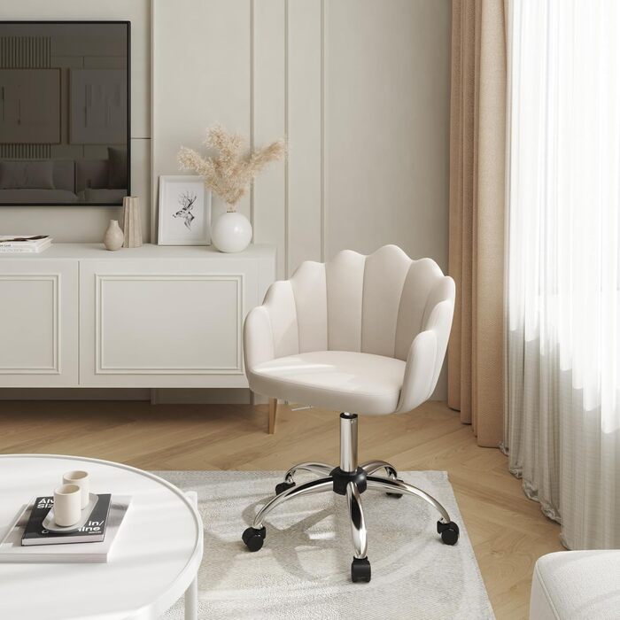 Крісло WOLTU для офісу та дому, крісло до туалетного столика з м'якою спинкою у вигляді пелюсток, поворотне з роликами, регульоване по висоті, для робочого кабінету, спальні, оксамит, бежевий
