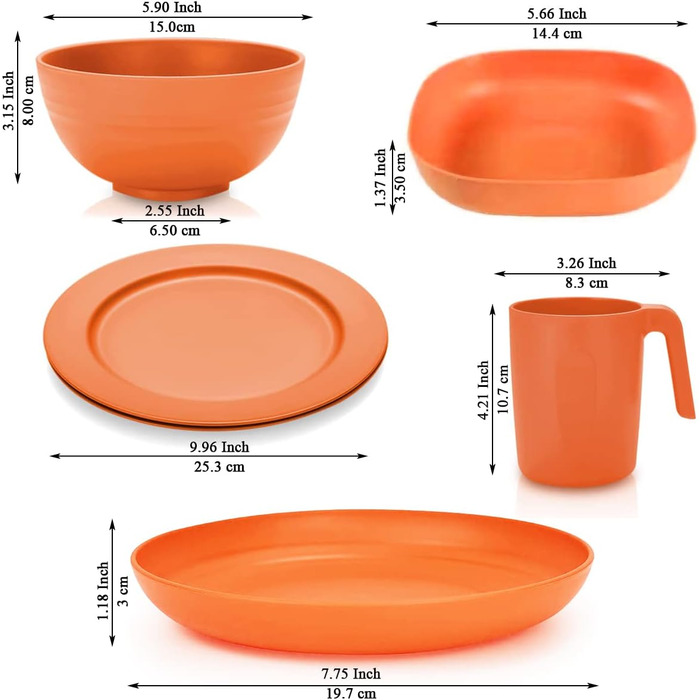 Набір посуду Kyraton з пластику 20 предметів: тарілки, чашки, миски. Небиткий, легкий, для кемпінгу. Безпечний для миття в посудомийній машині. Сервіз на 4 особи. Багато кольорів.