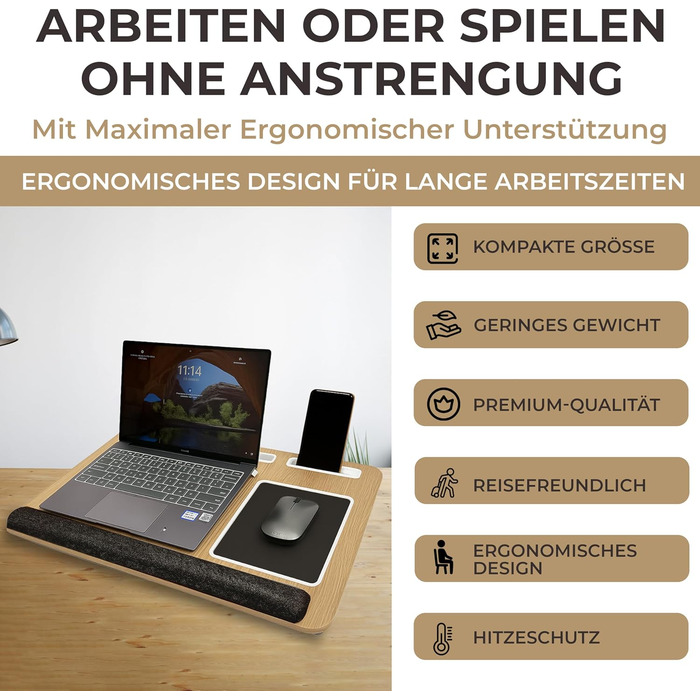 Підставка для ноутбука в ліжко та диван – з подушкою, тримачем для телефону та підкладкою для зап'ястя – підходить для ноутбуків до 17' – легка та комфортна для офісу, навчання та відпочинку (Сірий, Чорний)