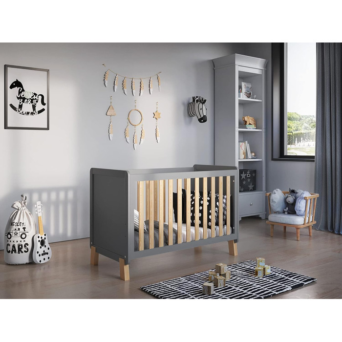 Дитяче ліжко-приліжкове Love For Sleep 120x60 з матрацом з піною Aloe Vera сірого кольору, дуб Francis. Ліжко для новонароджених, збірна конструкція, збірка за 5 хвилин.
