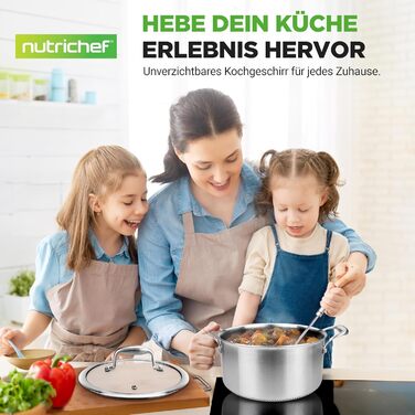 Набір посуду NutriChef з нержавіючої сталі 6-ти частинний – антипригарні сковорідки 20см, 25см, 30см з кришками. Підходить для індукційних плит, стійкий до подряпин та придатний для духовки, можна мити в посудомийній машині.