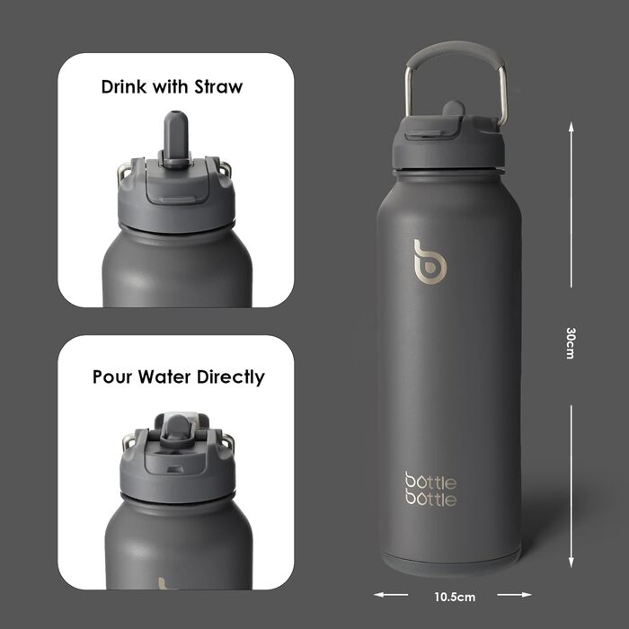 ПЛЯШКА ПЛЯШКА 1,2 л Спортивна пляшка для води з нержавіючої сталі, ізольована пляшка для води з соломинкою та тримачем для таблеток (сірий)