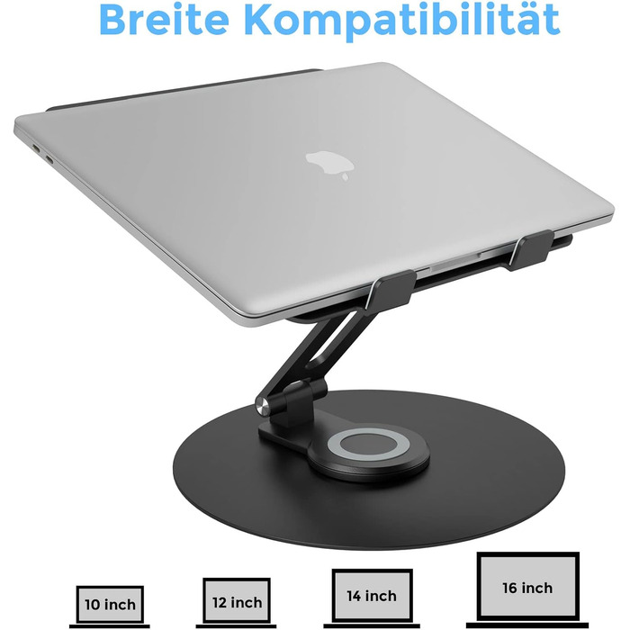 Підставка для ноутбука з поворотним основанням на 360°, регульована по висоті, ергономічна, з вентиляцією, складана, стабільна, з алюмінію для столу (чорна)