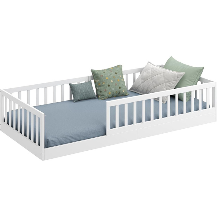 Ліжко дитяче CADANI Timi 2в1 Montessori 120x200 см з бортиками та ламелями, масив сосни, біле - 3 варіанти збірки, до 200 кг