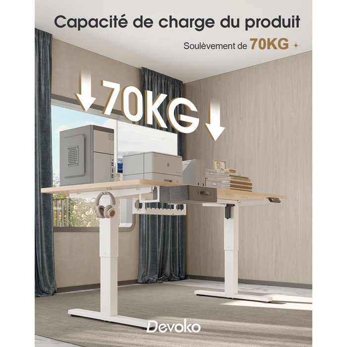 Регульований стіл Devoko: електричний, 140x80 см, з ящиками, USB-порт, органайзер для кабелів, стоячий стіл з пам'яттю, білий