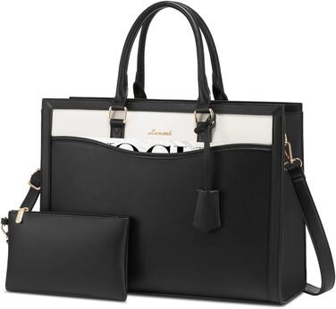 LOVEVOOK Сумка для ноутбука 15.6 дюймів, жіноча, велика, з натуральної шкіри, сумка-шоппер, сумка-тоут, для роботи, навчання, універсальна, чорно-бежева