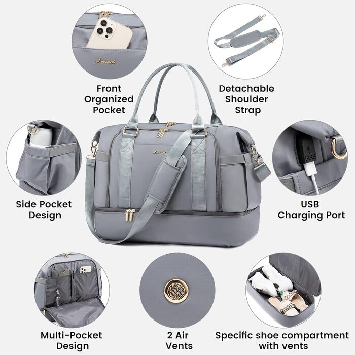 Спортивна сумка LOVEVOOK для подорожей, жіноча дорожня сумка Weekender з косметичкою, відділенням для взуття та мокрих речей, водонепроникна, 37L, сіра