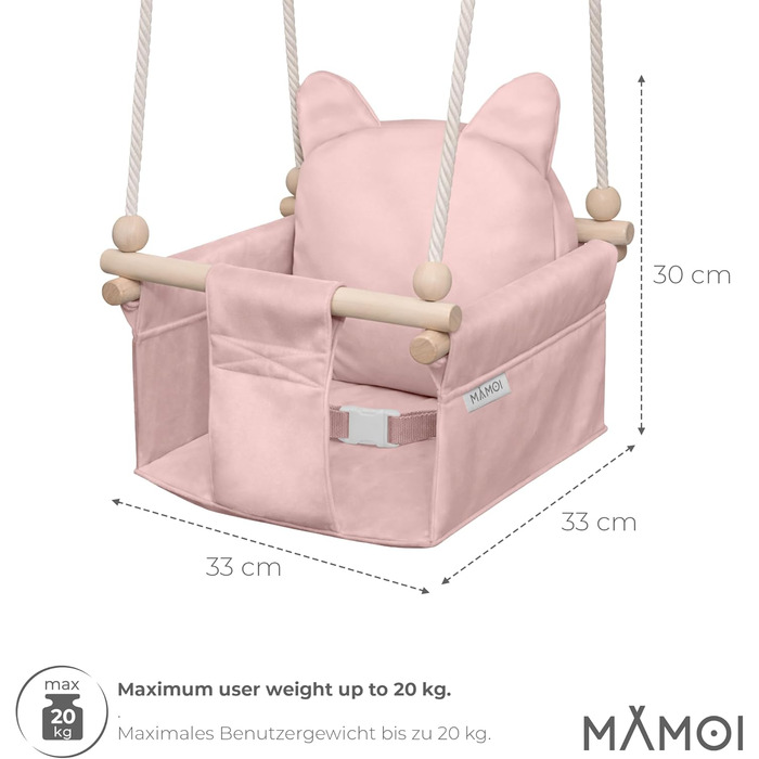 Дитяча гойдалка-колиска MAMOI з ременем безпеки, регульована висота 150-190 см, рожева. Гойдалка для дому, міцна конструкція, м'яке сидіння, легкий монтаж