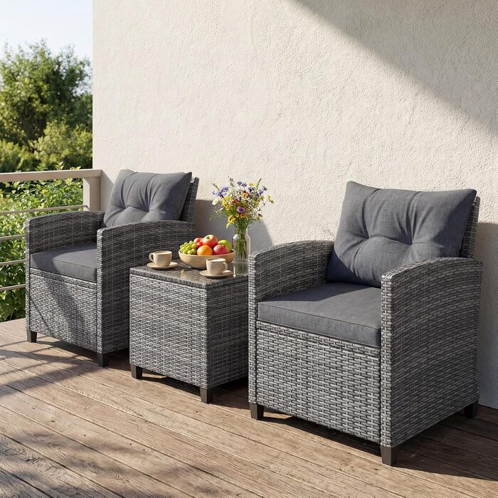 Набір садових меблів GIANTEX з ротангу для балкона та саду: 2 крісла та стіл, сірий з сірим (3 предмети) з подушками