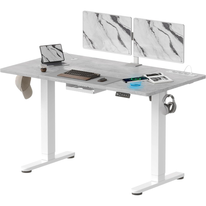DEVOKO Стол для роботи з регулюванням висоти 140 x 70 см з розеткою, бездротовою зарядкою та USB – Електричний стіл для комп'ютера з функцією пам'яті та кабельною організацією – Ідеально для геймінгу та офісу, сірий 140 x 70 см