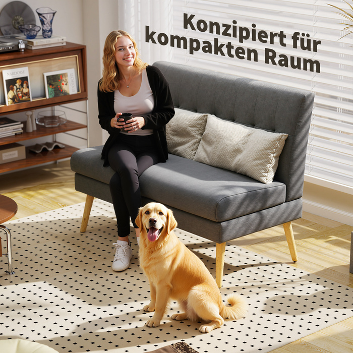 Диван на дво особи, з м'якою стежкою на спинці, на дерев'яних ніжках, з товстим наповнювачем, з текстурою льону, ідеальний для невеликих кімнат, сірого кольору.