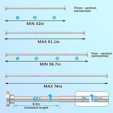 Штанга для штор без свердління AIZESI 113-197 см, телескопічна, для душу/завіси, регульована, діаметр 22 мм, нікель