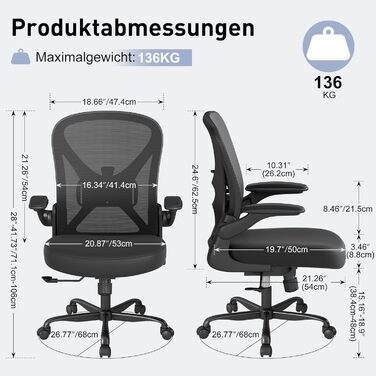 Ергономічне крісло для офісу ZZH з сітчастою спинкою, регульованою поперековою підтримкою та підйомними підлокітниками, дихаючий комп'ютерний стілець для дому з 360° обертанням та регулюванням висоти (Чорний)