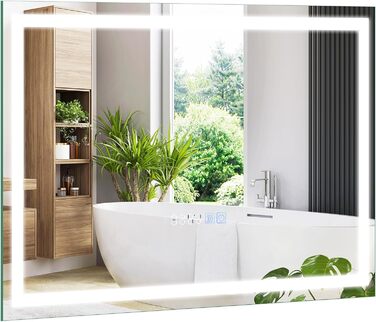 LED дзеркало для ванної кімнати Relax4Life з підсвічуванням, сенсорним вимикачем, протитуманним покриттям, регулюванням яскравості, 3 кольорами світла, індикатором часу та температури (60 x 60 см)