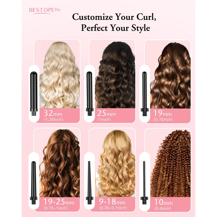 BESTOPE PRO Локкенштаб 6-в-1: великі та малі локони, різні насадки, регулювання температури, чорний