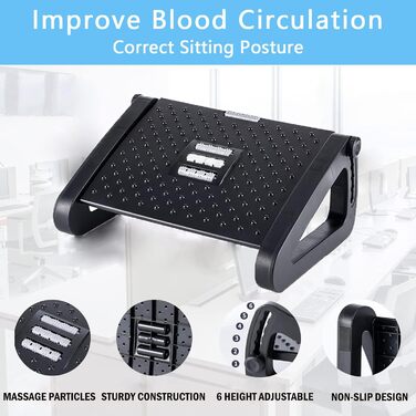 Підніжка для столу з регулюванням висоти та кута на 6 рівнів, з масажем, протиковзка, для зняття болю в ногах, колінах та спині, ідеальна для дому, офісу та подорожей, з трьома ніжками