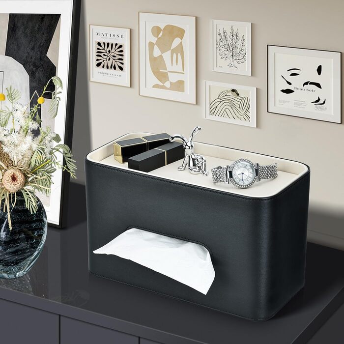 Скляниця для серветок GORESE з підносом, шкіряна, для офісу, дому, авто, ванної кімнати. Білий/Чорний колір
