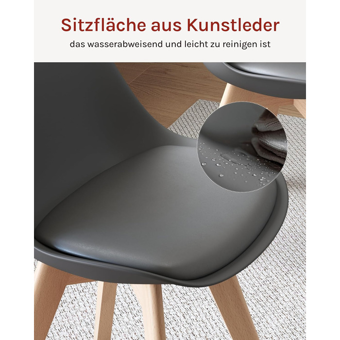 WOLTU Комплект з 4-х кухонних стільців, скандинавський дизайн, штучна шкіра, масивні дерев'яні ніжки, до 150 кг, сірий