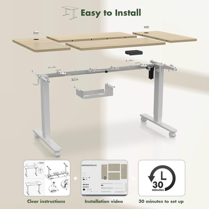 Електричний регульований стіл JUMMICO 160x80 см з зарядкою, комп'ютерний стіл з кабелеуправлінням, ергономічний стіл для сидіння та стояння, білий (бежевий)