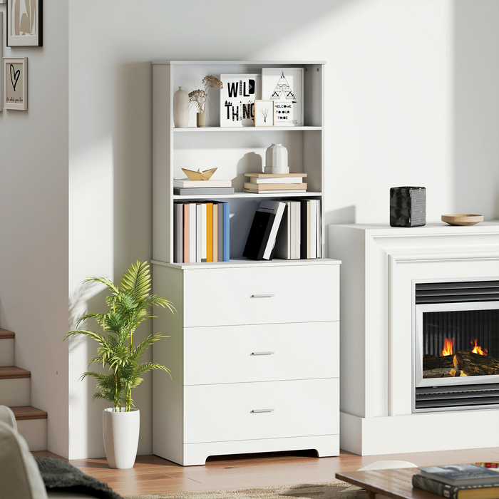 Стильна шафа-стелаж з висувними ящиками та відкритими полицями для вітальні або кухні. 79x39,5x180 см, білий колір.