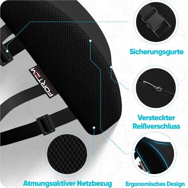 Подушка під поперек FORTEM для авто та офісного крісла, ортопедична підтримка спини з ефектом пам'яті (Memory Foam), дихаюча сітчаста оббивка, чорна