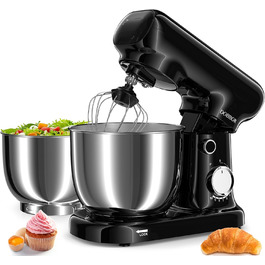 Кухонна машина з місткістю 2.5L та 3L, 10 швидкостей, 1500W, з міксером, шнеком для тіста та скребком, для дому та щоденного приготування (чорний)